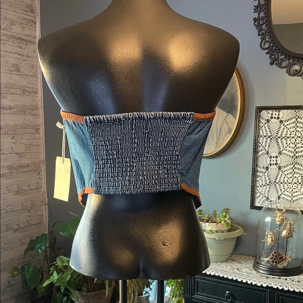 Denim Blue Crop Top with Brown Trim - Picture 3 of 5